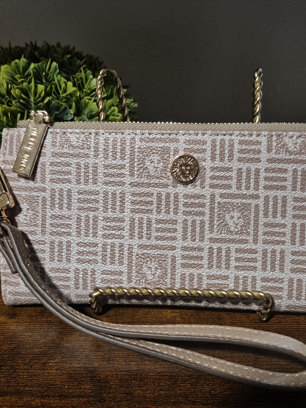 Anne Klein Beige Jacquard Wristlet with Gold Accents NWOT